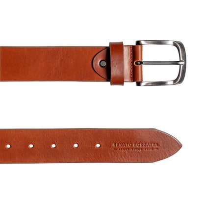 RB4027S | Men's Belt Made in Italy in Genuine Vegetable-Tanned Leather. Satin Gunmetal Buckle. Cognac Color. Dimensions: 125 x 4.0 x 0.5 cm (waistline 110 cm)-2