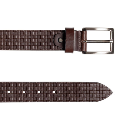 RB4028B | Men's Belt with Allover Print, Made in Italy in Genuine Vegetable-Tanned Leather. Satin Silver Buckle. Dark Brown. Dimensions: 125 x 3.5 x 0.5 cm (waistline 110 cm).-2