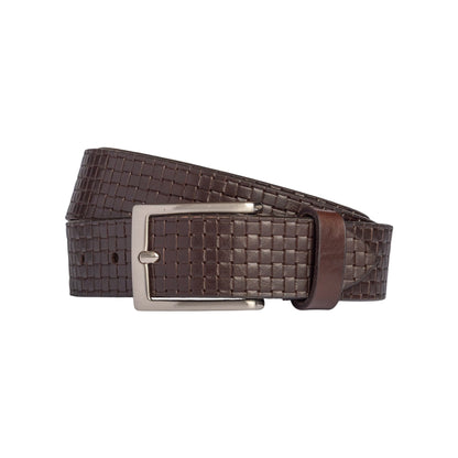 RB4028B | Men's Belt with Allover Print, Made in Italy in Genuine Vegetable-Tanned Leather. Satin Silver Buckle. Dark Brown. Dimensions: 125 x 3.5 x 0.5 cm (waistline 110 cm).-0