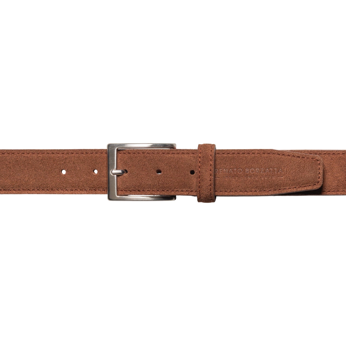 RB4029CZ | Men's Belt Made in Italy in Genuine Suede Leather. Satin Silver-finish buckle. Burnt color. Dimensions: 125 x 3.5 x 0.5 cm (waistline 110 cm)-1