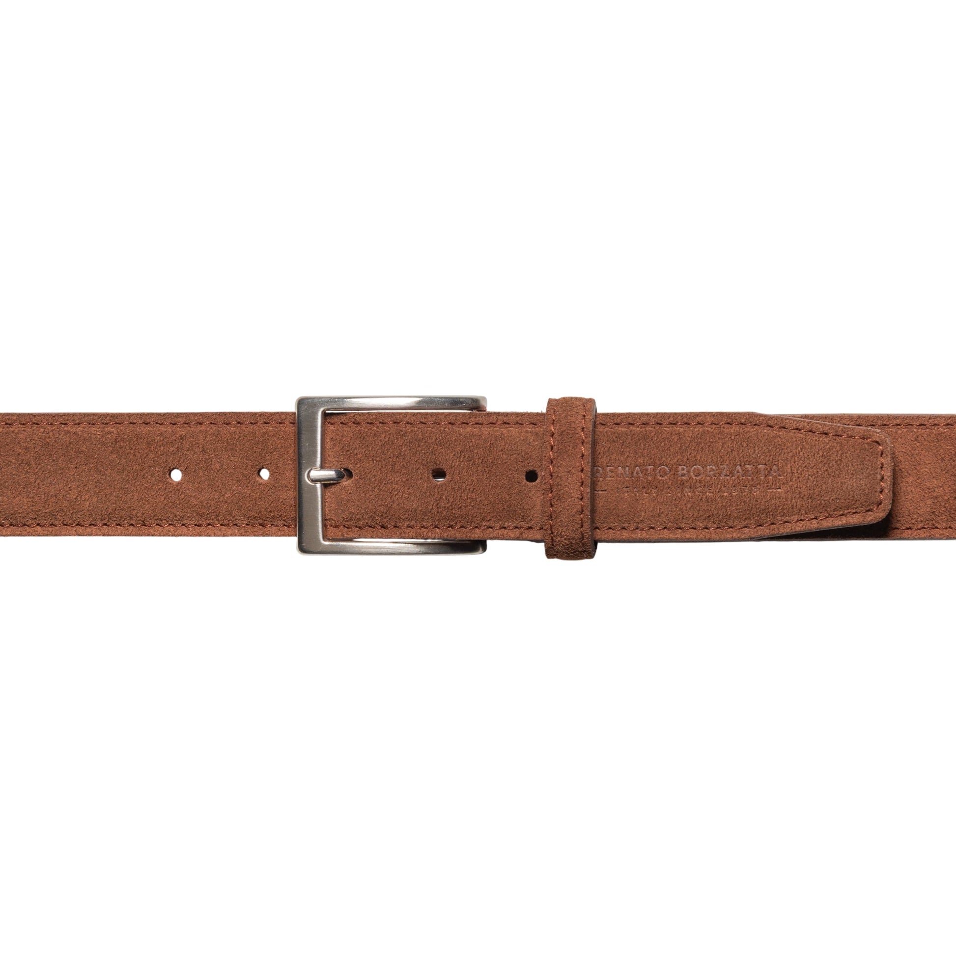 RB4029CZ | Men's Belt Made in Italy in Genuine Suede Leather. Satin Silver-finish buckle. Burnt color. Dimensions: 125 x 3.5 x 0.5 cm (waistline 110 cm)-1
