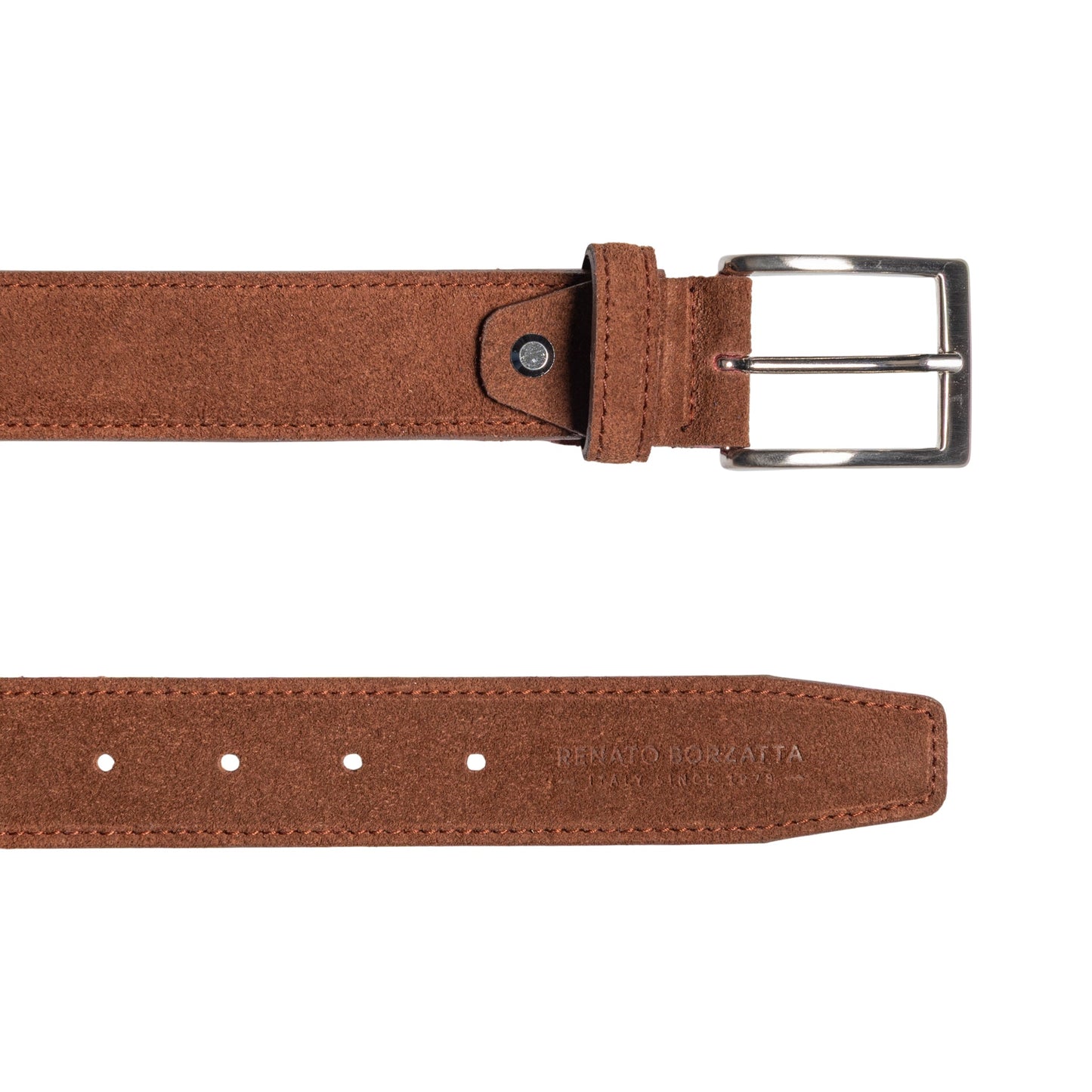RB4029CZ | Men's Belt Made in Italy in Genuine Suede Leather. Satin Silver-finish buckle. Burnt color. Dimensions: 125 x 3.5 x 0.5 cm (waistline 110 cm)-2
