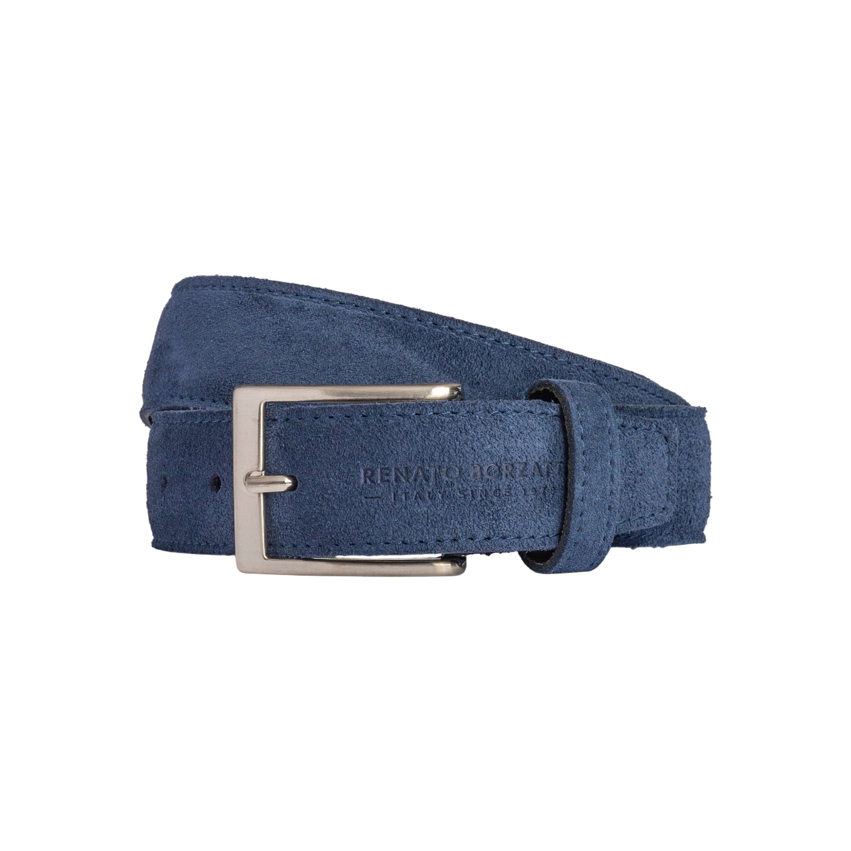 RB4029D | Men's Belt Made in Italy in Genuine Suede Leather. Satin Silver Buckle. Color: Blue. Dimensions: 125 x 3.5 x 0.5 cm (waistline 110 cm)-0
