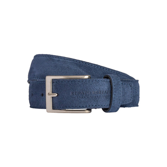RB4029D | Men's Belt Made in Italy in Genuine Suede Leather. Satin Silver Buckle. Color: Blue. Dimensions: 125 x 3.5 x 0.5 cm (waistline 110 cm)-0