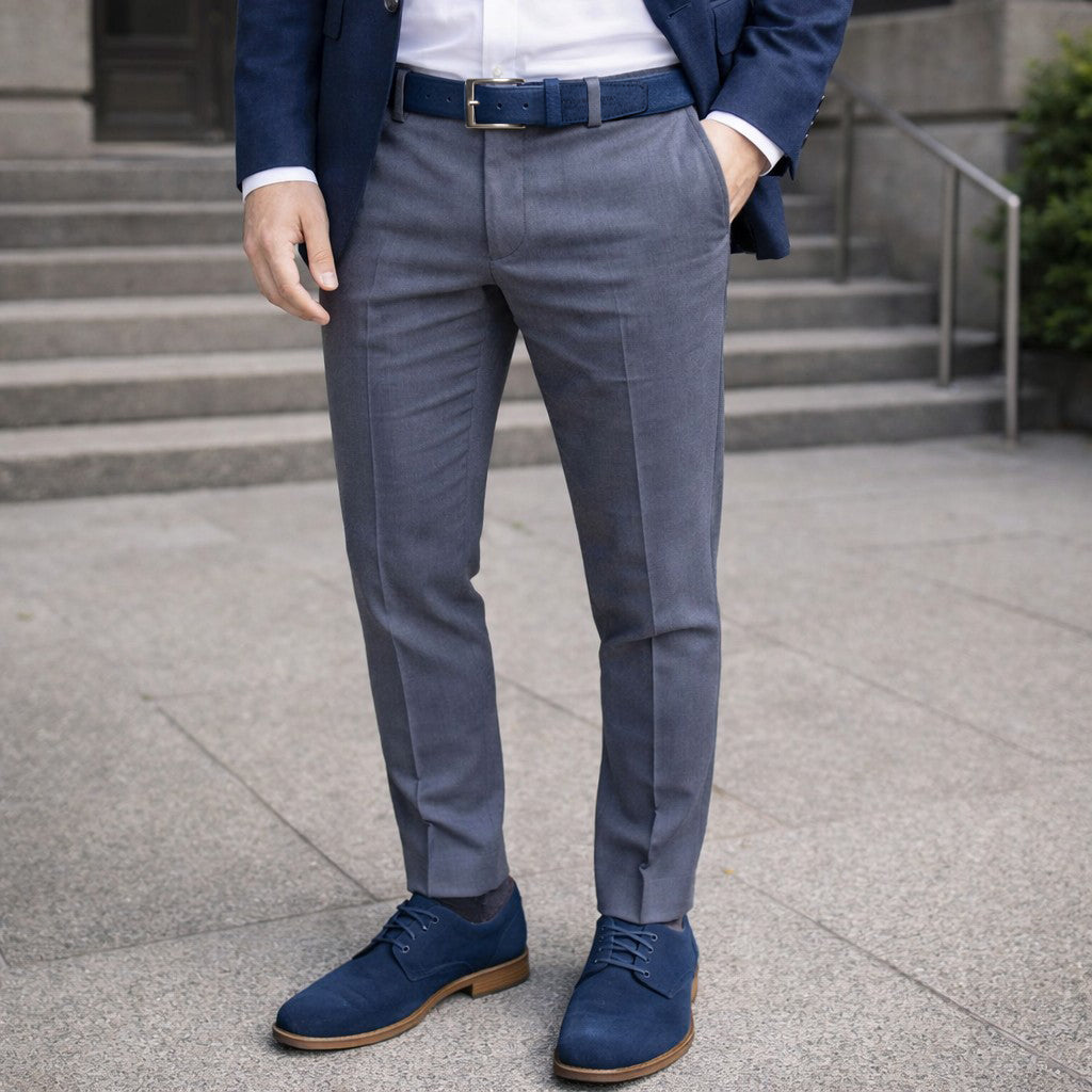 RB4029D | Men's Belt Made in Italy in Genuine Suede Leather. Satin Silver Buckle. Color: Blue. Dimensions: 125 x 3.5 x 0.5 cm (waistline 110 cm)-3