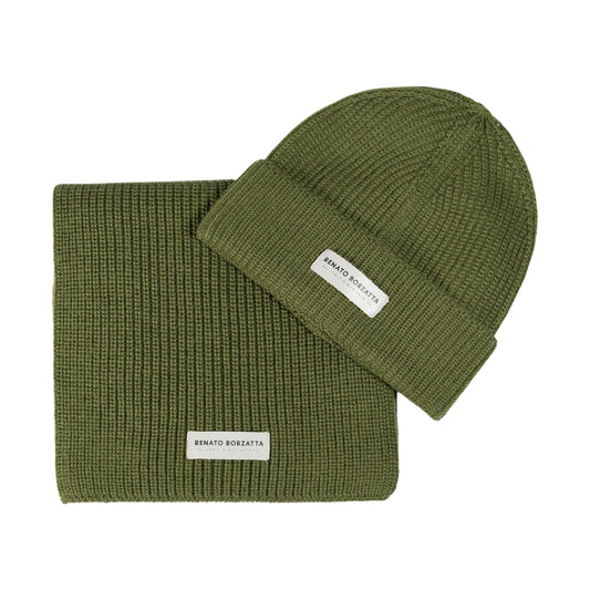 RB5004E | CERVINO Wool Blend Knit Scarf and Hat Set Made in Italy. Green - One Size-0
