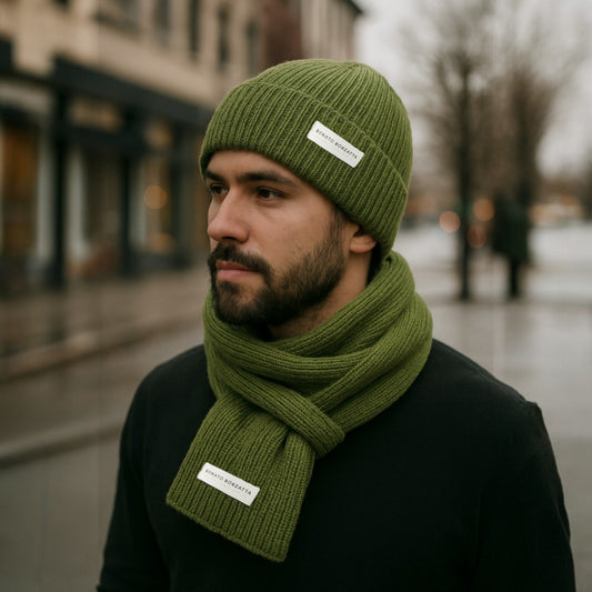 RB5004E | CERVINO Wool Blend Knit Scarf and Hat Set Made in Italy. Green - One Size-1
