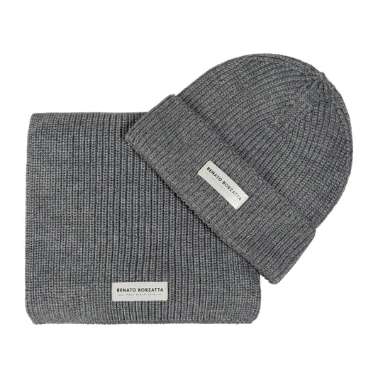RB5004F | CERVINO Mixed Wool Knit Scarf and Cap Set Made in Italy. Color Grey Melange - One Size-0
