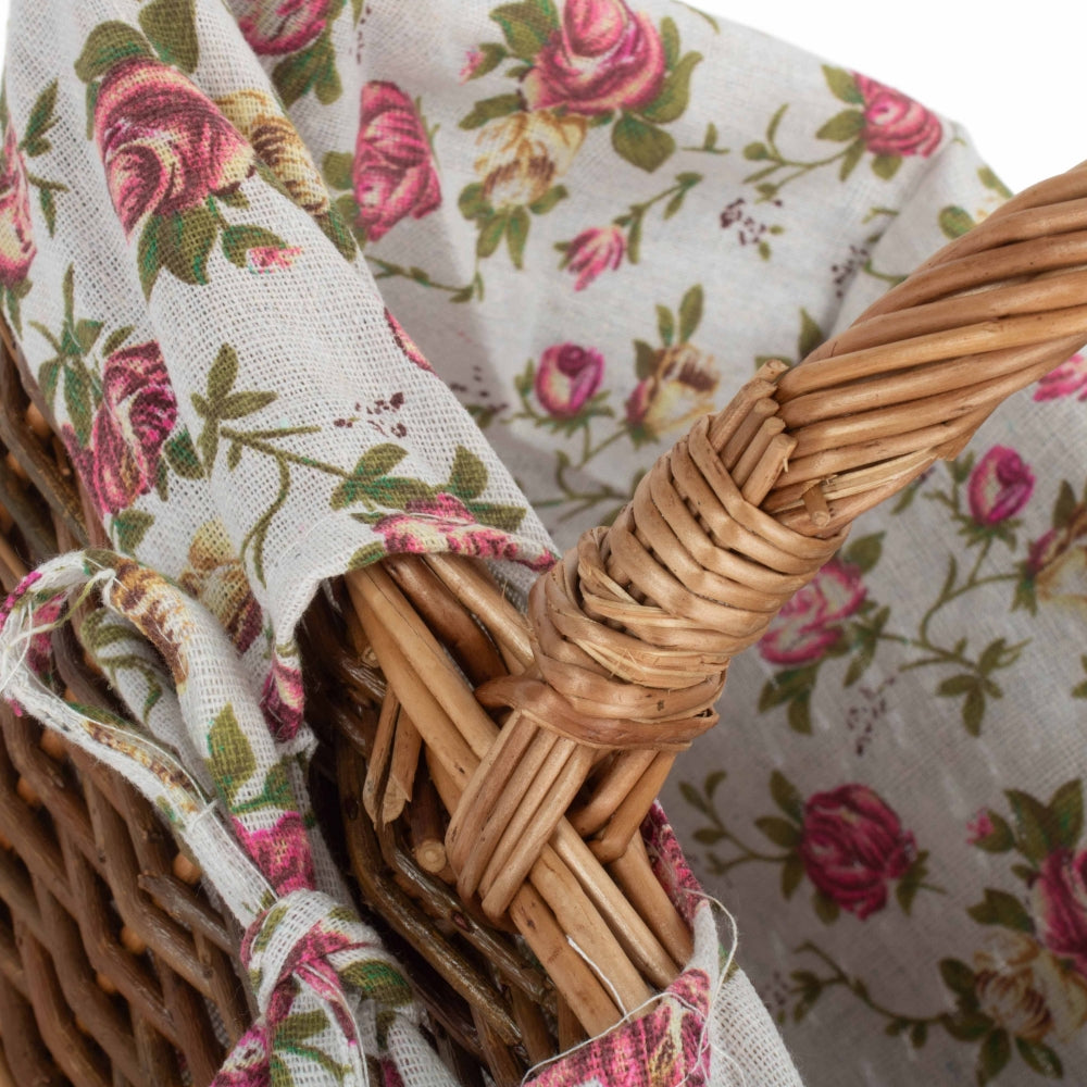 Rectangular Unpeeled Willow Shopping Basket With Garden Rose Lining-4