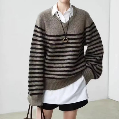 High-end V-neck striped 100% wool knitted sweater loose pullover sweater women wool base layer-0