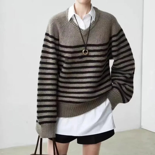High-end V-neck striped 100% wool knitted sweater loose pullover sweater women wool base layer-0