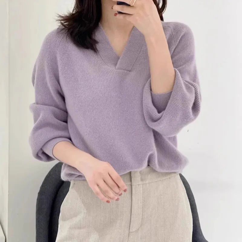 V-neck pure cashmere sweater women autumn and winter loose and versatile knitted sweater short wool base layer-0