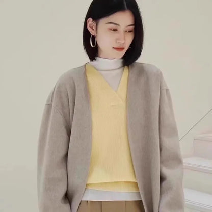 V-neck pure cashmere sweater women autumn and winter loose and versatile knitted sweater short wool base layer-4