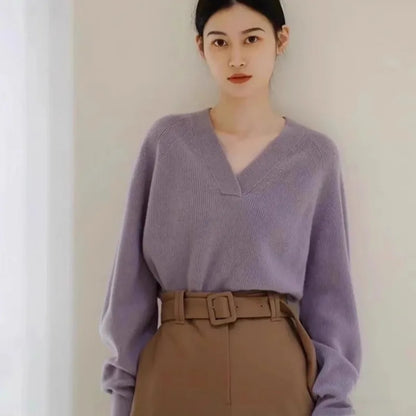 V-neck pure cashmere sweater women autumn and winter loose and versatile knitted sweater short wool base layer-1