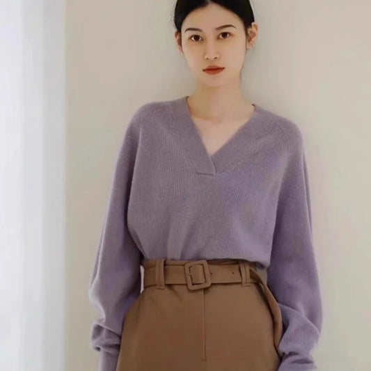 V-neck pure cashmere sweater women autumn and winter loose and versatile knitted sweater short wool base layer-1