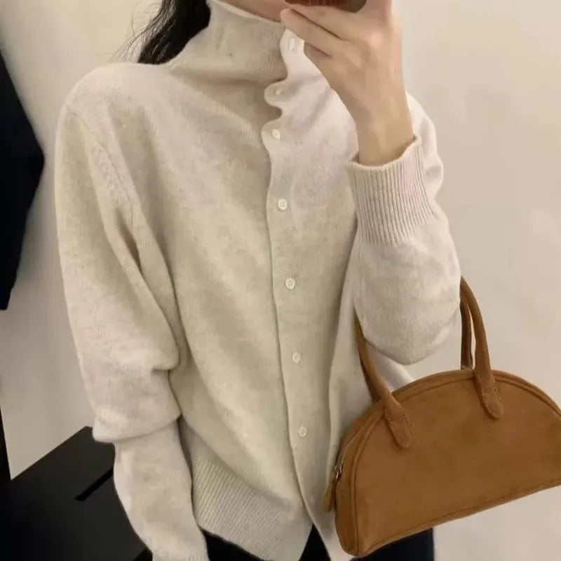 French-style high-neck 100 pure cashmere knitted cardigan for women's autumn and winter loose sweater with wool base coat-3