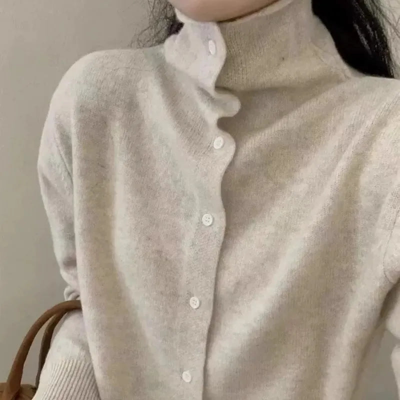 French-style high-neck 100 pure cashmere knitted cardigan for women's autumn and winter loose sweater with wool base coat-1