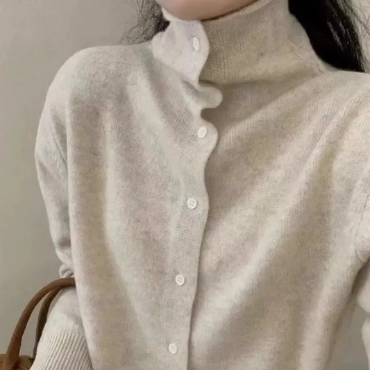 French-style high-neck 100 pure cashmere knitted cardigan for women's autumn and winter loose sweater with wool base coat-1
