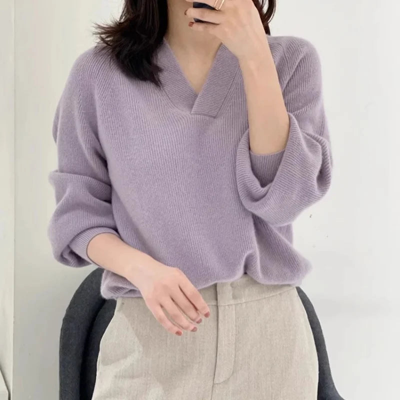 V-neck pure cashmere sweater women autumn and winter loose and versatile knitted sweater short wool base layer-5