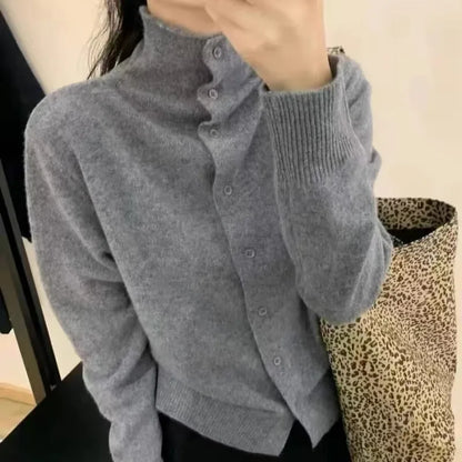 French-style high-neck 100 pure cashmere knitted cardigan for women's autumn and winter loose sweater with wool base coat-4