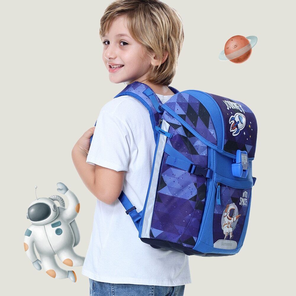 Kids school backpack by SUNVENO with spine protection and load reduction straps, designed for comfortable carrying and ergonomic support.