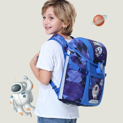 Kids school backpack by SUNVENO with spine protection and load reduction straps, designed for comfortable carrying and ergonomic support.
