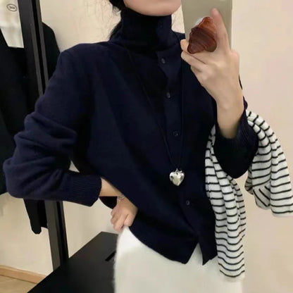 French-style high-neck 100 pure cashmere knitted cardigan for women's autumn and winter loose sweater with wool base coat-5