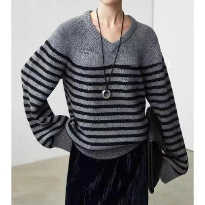 High-end V-neck striped 100% wool knitted sweater loose pullover sweater women wool base layer-1
