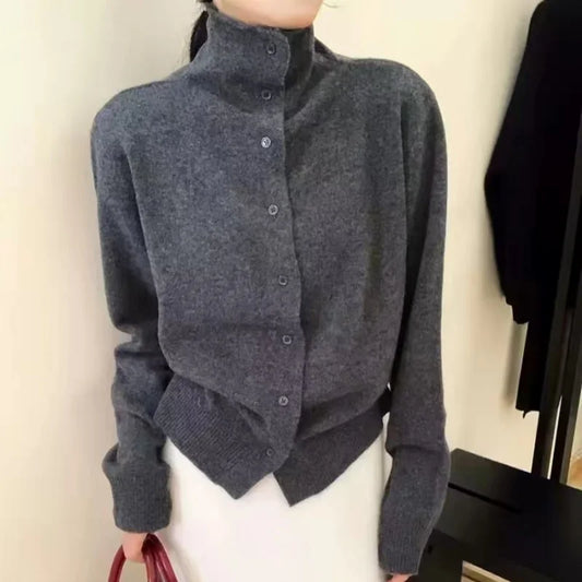 French-style high-neck 100 pure cashmere knitted cardigan for women's autumn and winter loose sweater with wool base coat-0