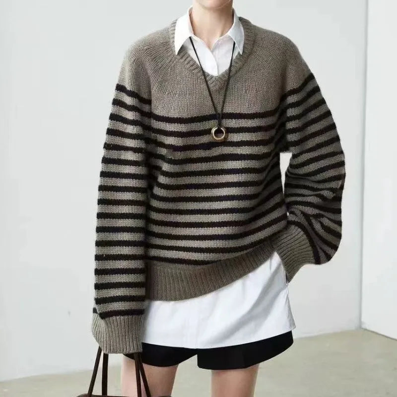 High-end V-neck striped 100% wool knitted sweater loose pullover sweater women wool base layer-5