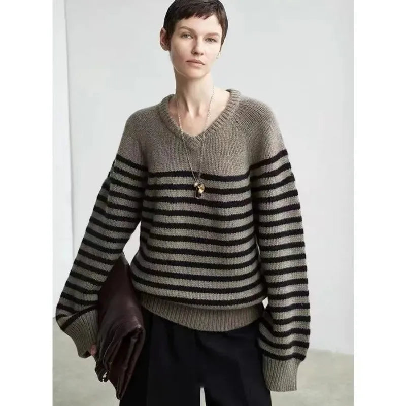 High-end V-neck striped 100% wool knitted sweater loose pullover sweater women wool base layer-2