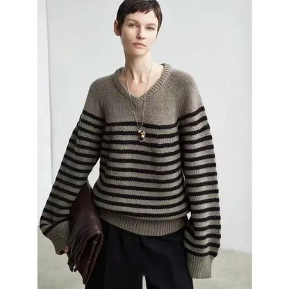 High-end V-neck striped 100% wool knitted sweater loose pullover sweater women wool base layer-2