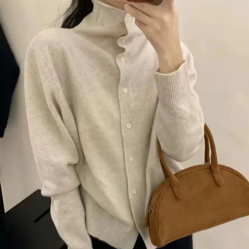 French-style high-neck 100 pure cashmere knitted cardigan for women's autumn and winter loose sweater with wool base coat-6