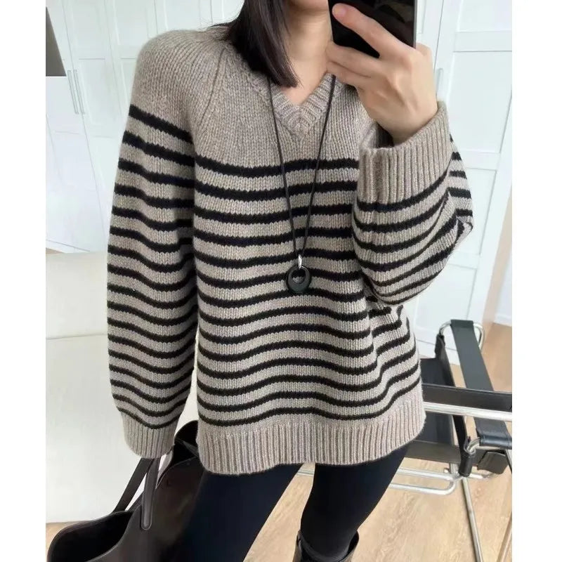 High-end V-neck striped 100% wool knitted sweater loose pullover sweater women wool base layer-4