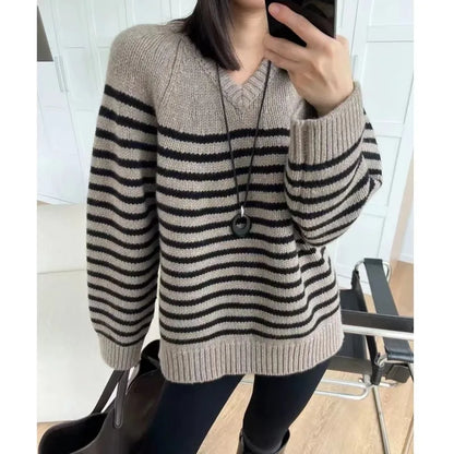 High-end V-neck striped 100% wool knitted sweater loose pullover sweater women wool base layer-4