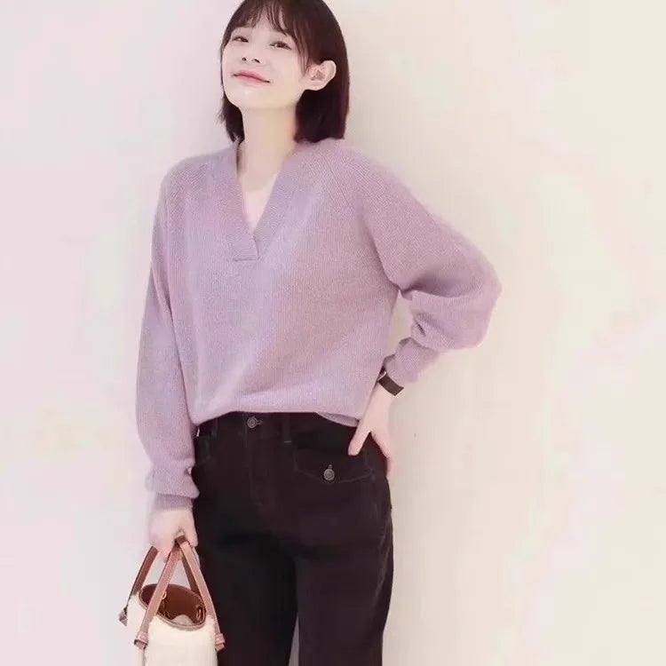 V-neck pure cashmere sweater women autumn and winter loose and versatile knitted sweater short wool base layer-3