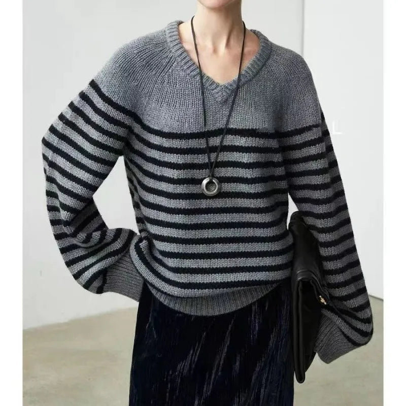 High-end V-neck striped 100% wool knitted sweater loose pullover sweater women wool base layer-6