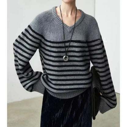High-end V-neck striped 100% wool knitted sweater loose pullover sweater women wool base layer-6