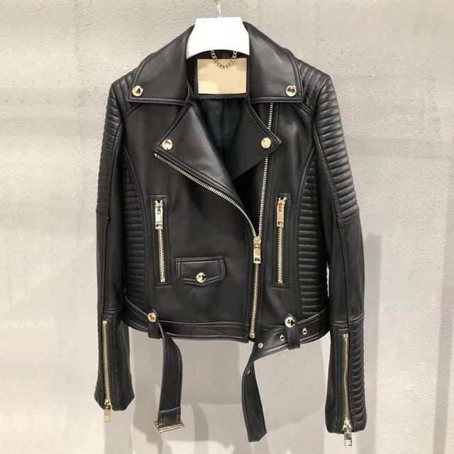 Sleuve Luxury Genuine Sheepskin Leather Biker Jacket for Women-2