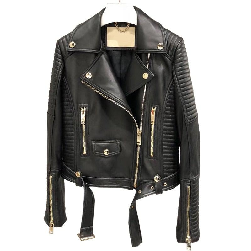 Sleuve Luxury Genuine Sheepskin Leather Biker Jacket for Women-0