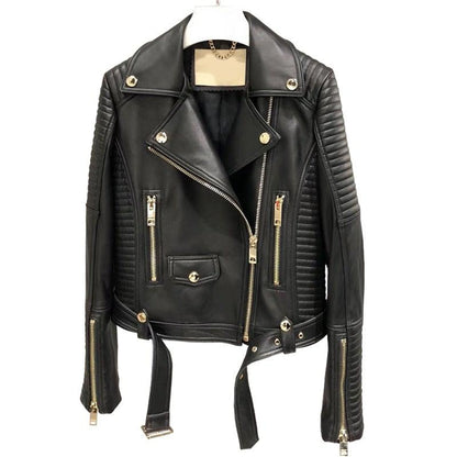 Sleuve Luxury Genuine Sheepskin Leather Biker Jacket for Women-0