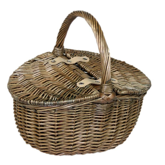 Small Antique Wash Double Lidded Oval Shopping Basket-1