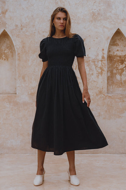 Sophie Smocked Linen Midi Dress-0