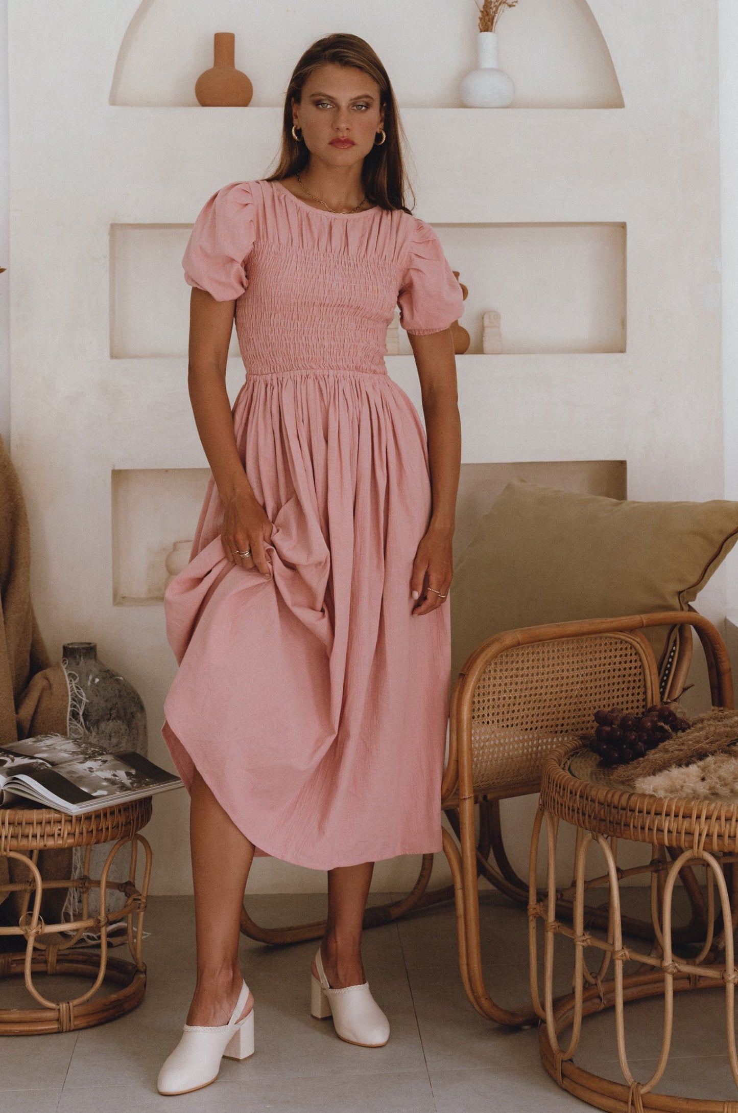 Sophie Smocked Linen Midi Dress-0