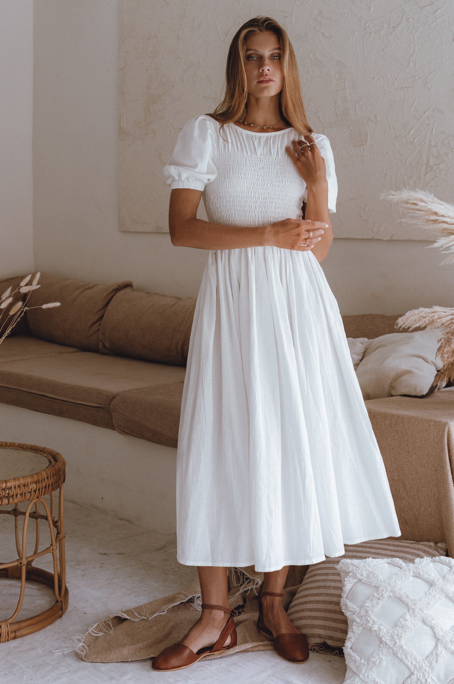 Sophie Smocked Linen Midi Dress-0