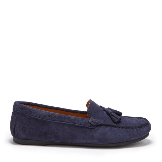 Women's Tasselled Driving Loafers Full Rubber Sole, navy blue suede-0