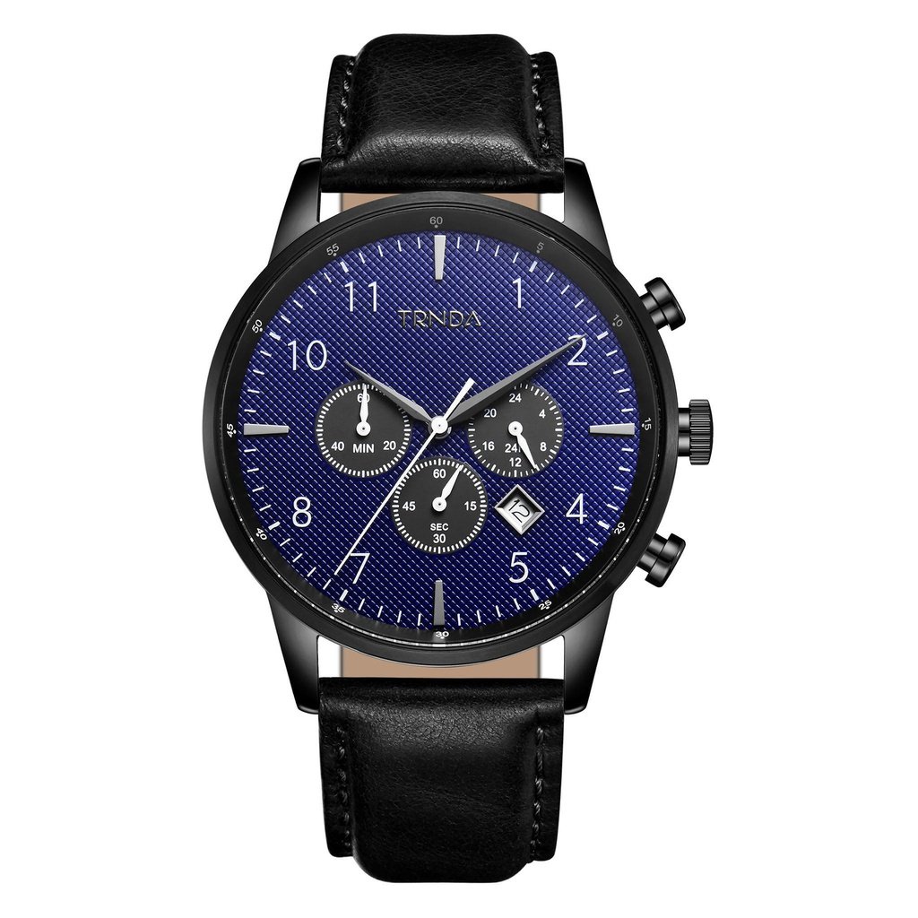 Trnda Men's Stainless Steel Watch, Black Leather Band | Trnda-43bl-0