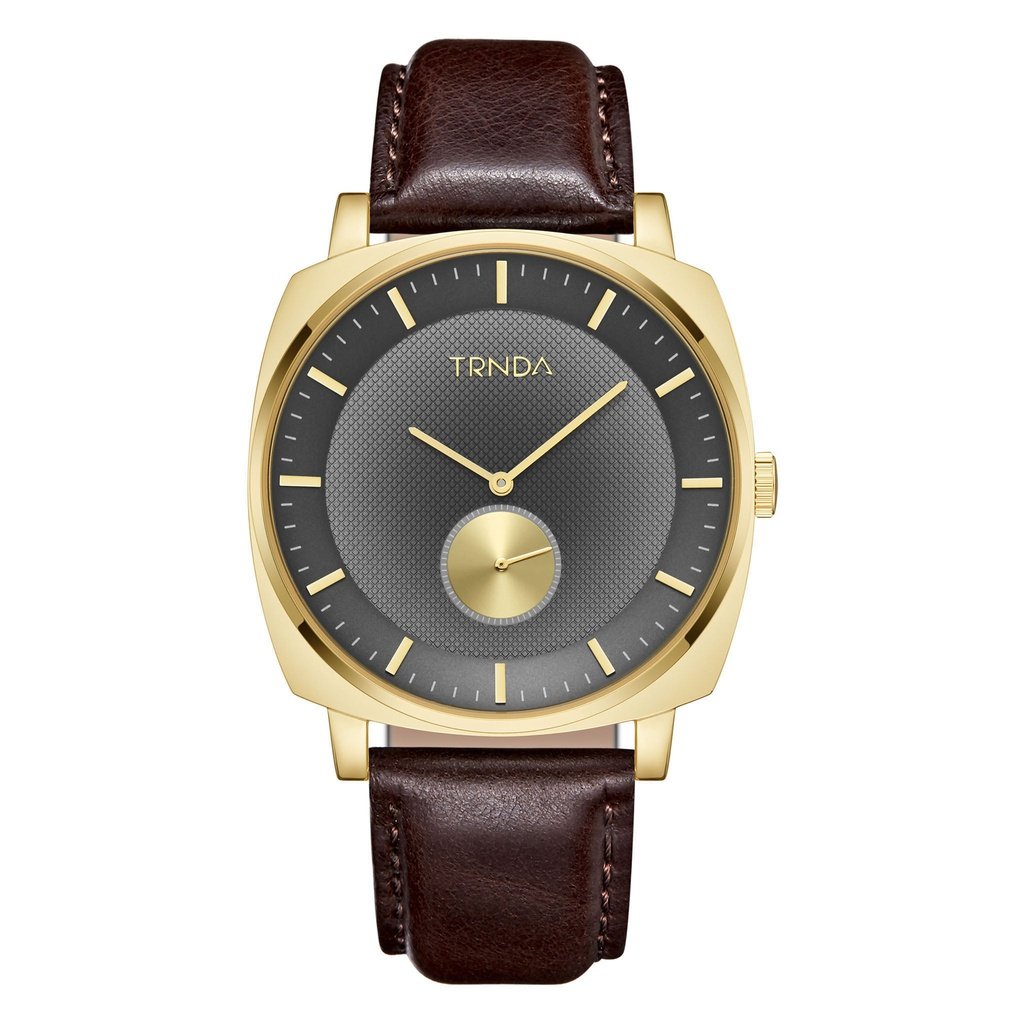 Trnda Men's Gold Stainless Steel Watch, Brown Leather | Trn-001-0