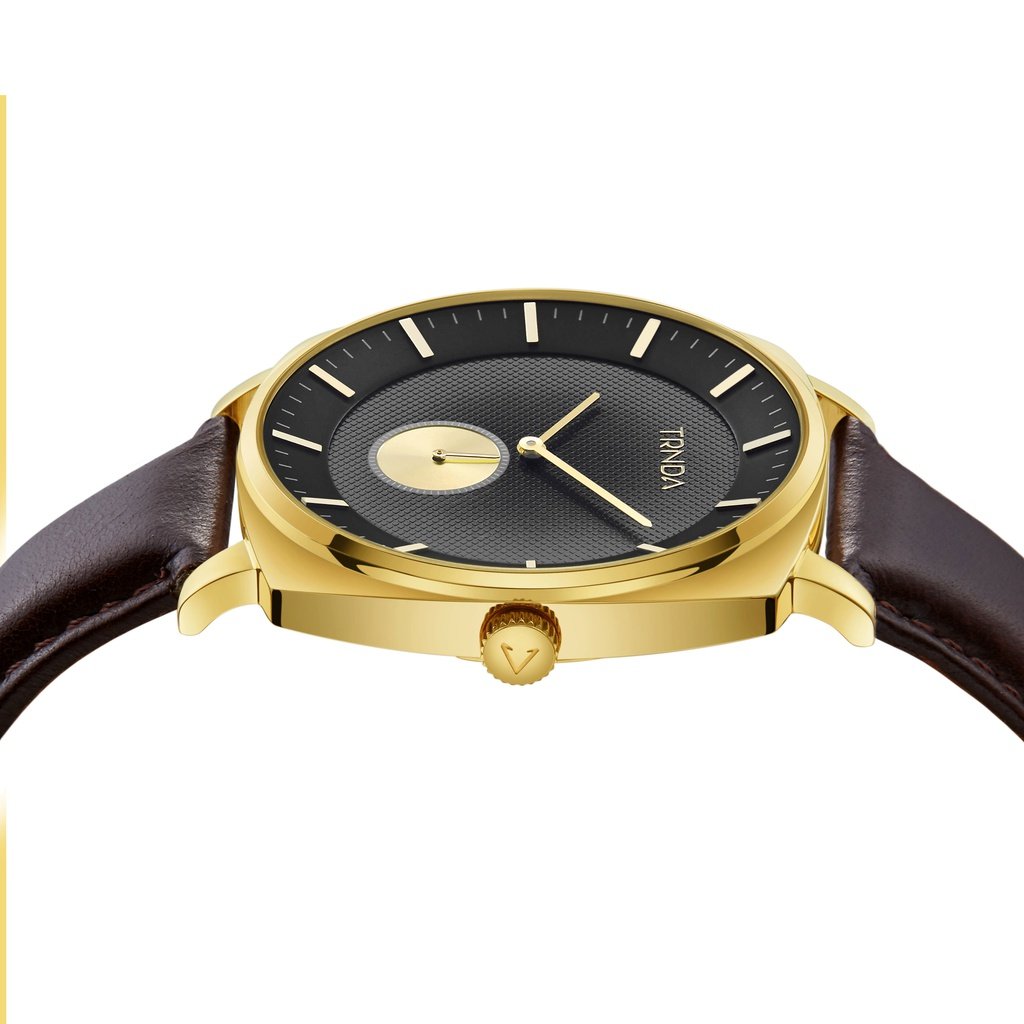Trnda Men's Gold Stainless Steel Watch, Brown Leather | Trn-001-2