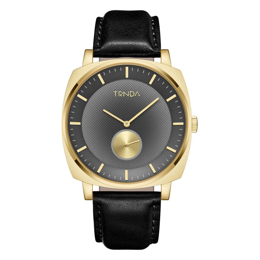 Trnda Men's Gold Stainless Steel Watch, Black Leather Band | Trn-Ss45-0